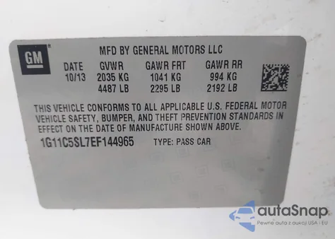 2014 Chevrolet Malibu 1Lt z USA, uszkodzony, nr VIN 1G11C5SL7EF144965